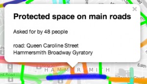 Clicking on a coloured section of road explains the ask, says how many supported it and confirms the road name.