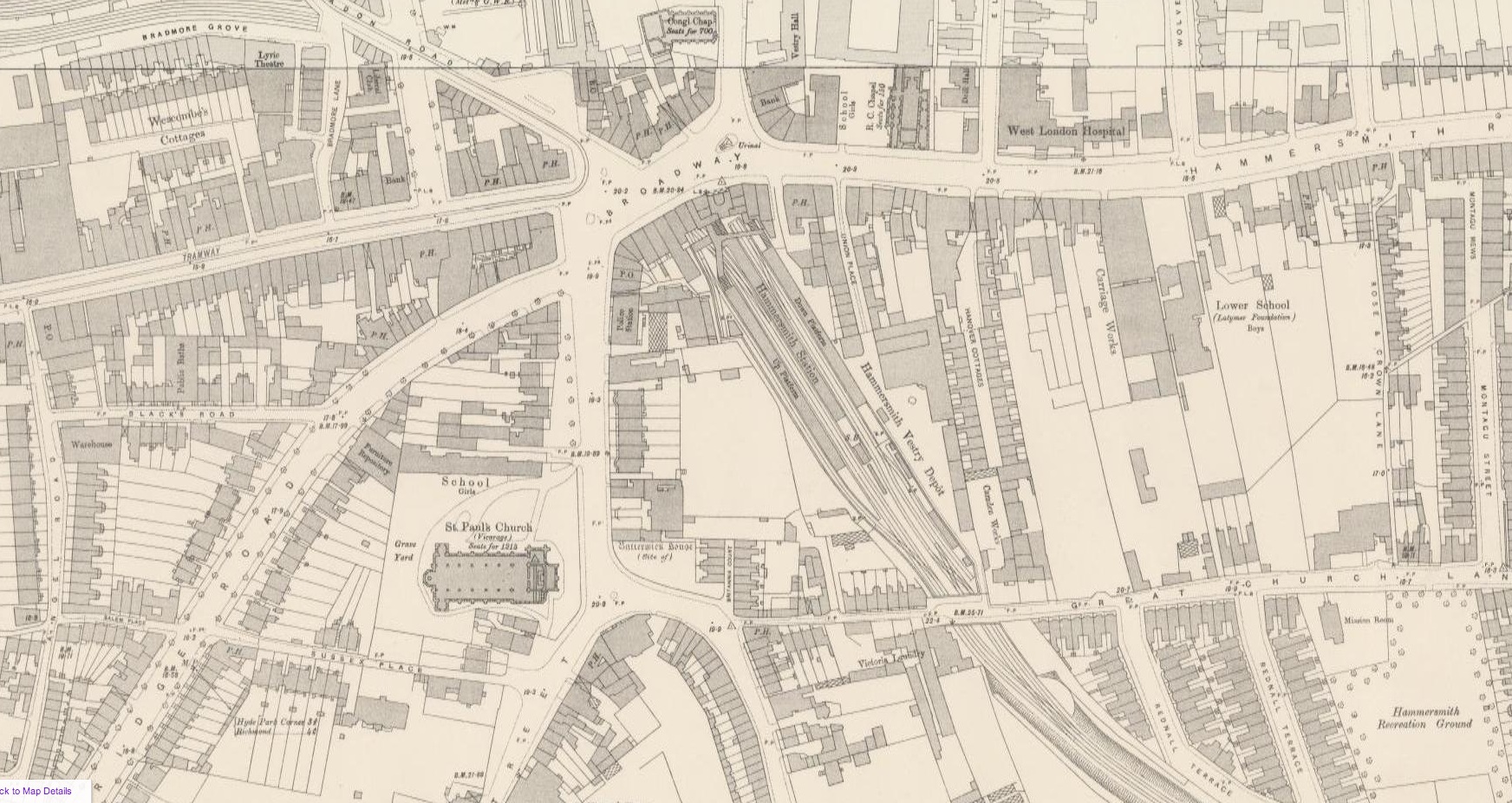 Hammersmith Broadway in 1893-6, on Ordnance Survey town plan, courtesy NLS scan hosted by Google Maps